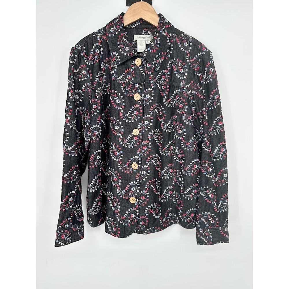 Coldwater Creek Paisley Jacket Denim Top Boho Button Embroidered Petite Large‎